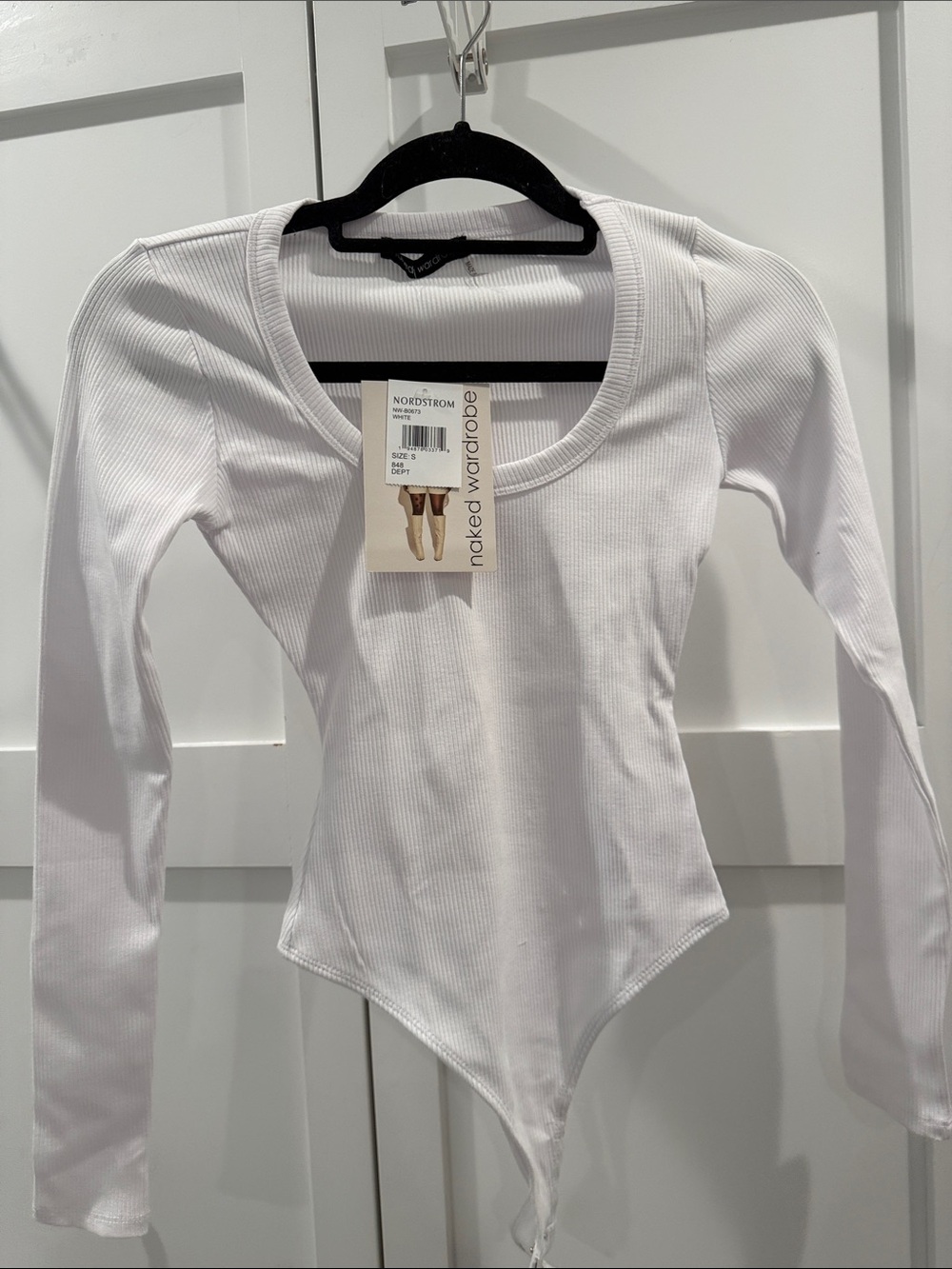 Naked Wardrobe White Ribbed Long-Sleeve Scoop Neck Bodysuit